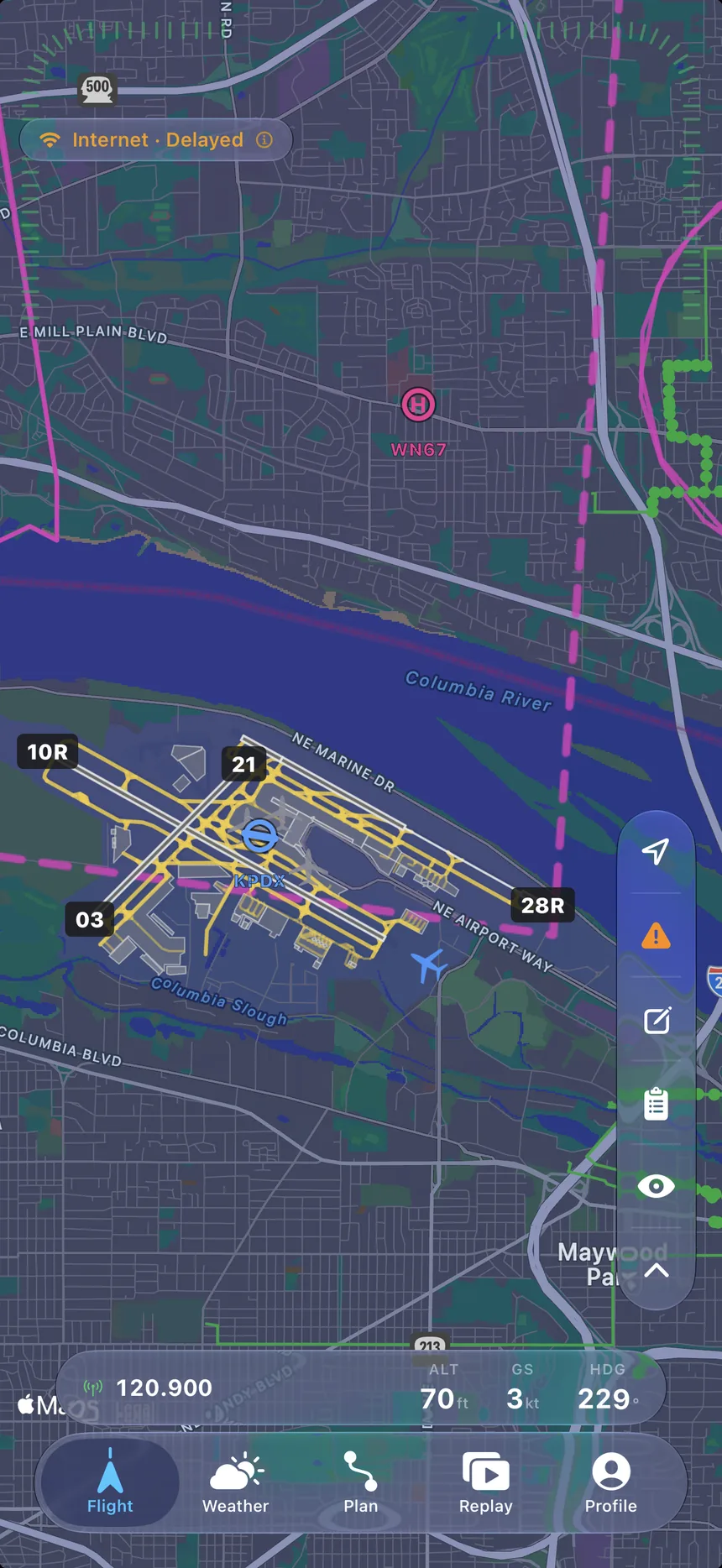 A Lateral airport diagram with runways, taxiways and frequencies.