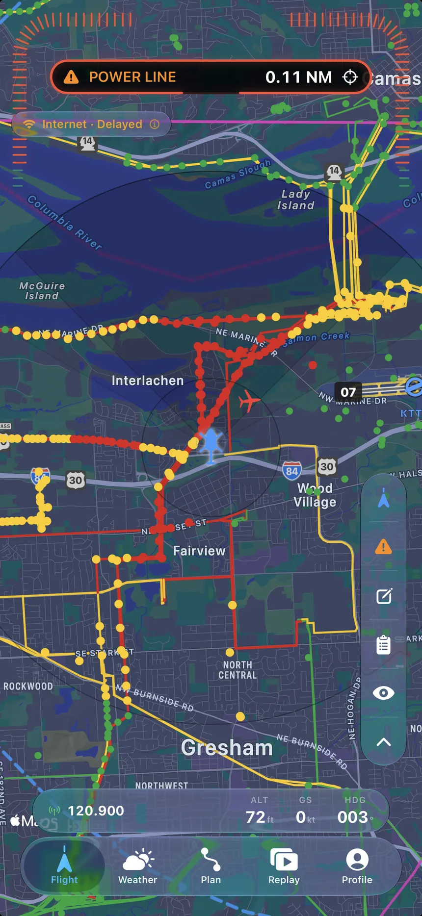 A live POWER LINE alert on the Lateral map, with the threatening span highlighted.