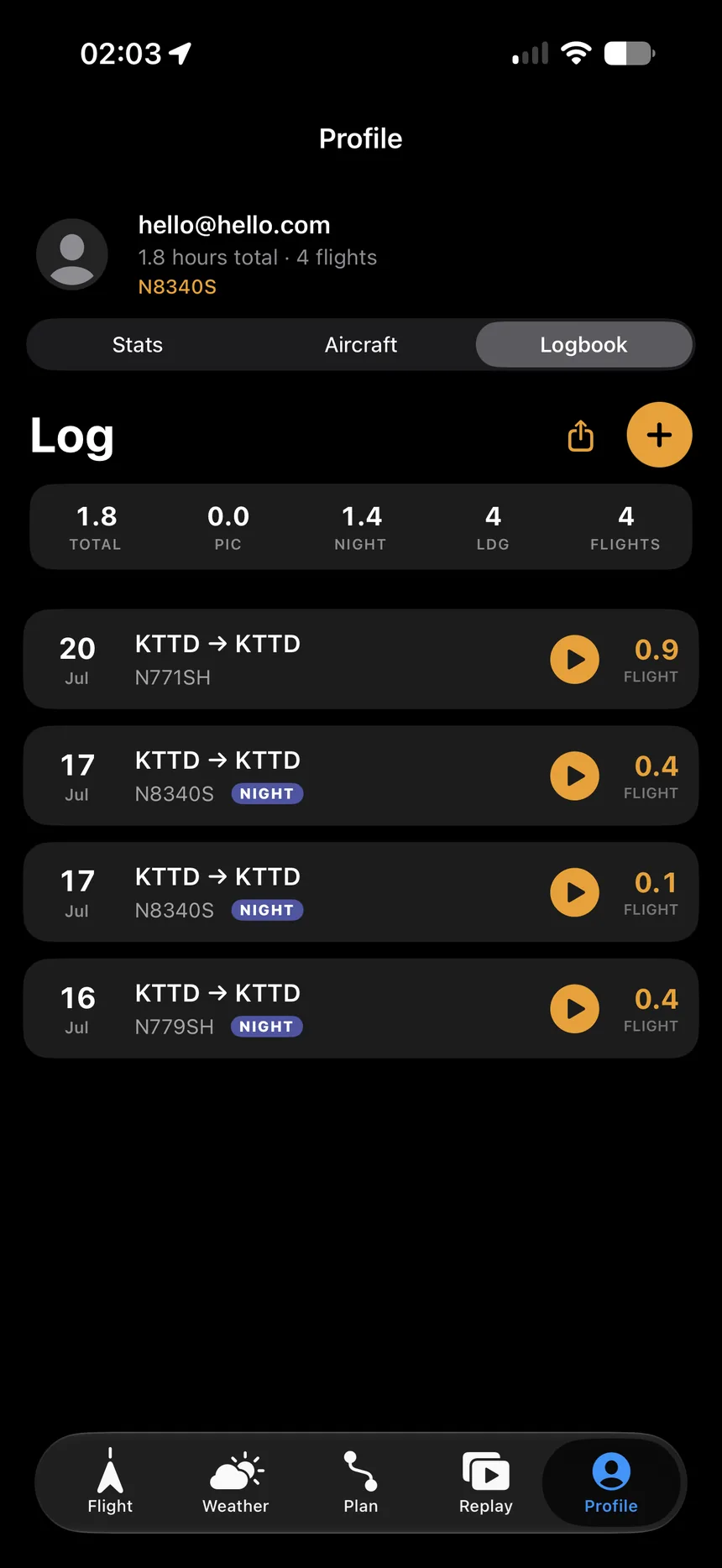 The Lateral logbook listing flights with automatically captured times.
