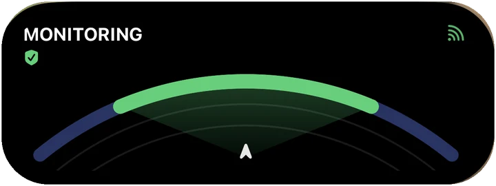 Lateral's Dynamic Island widget monitoring quietly: a green arc, nothing ahead.